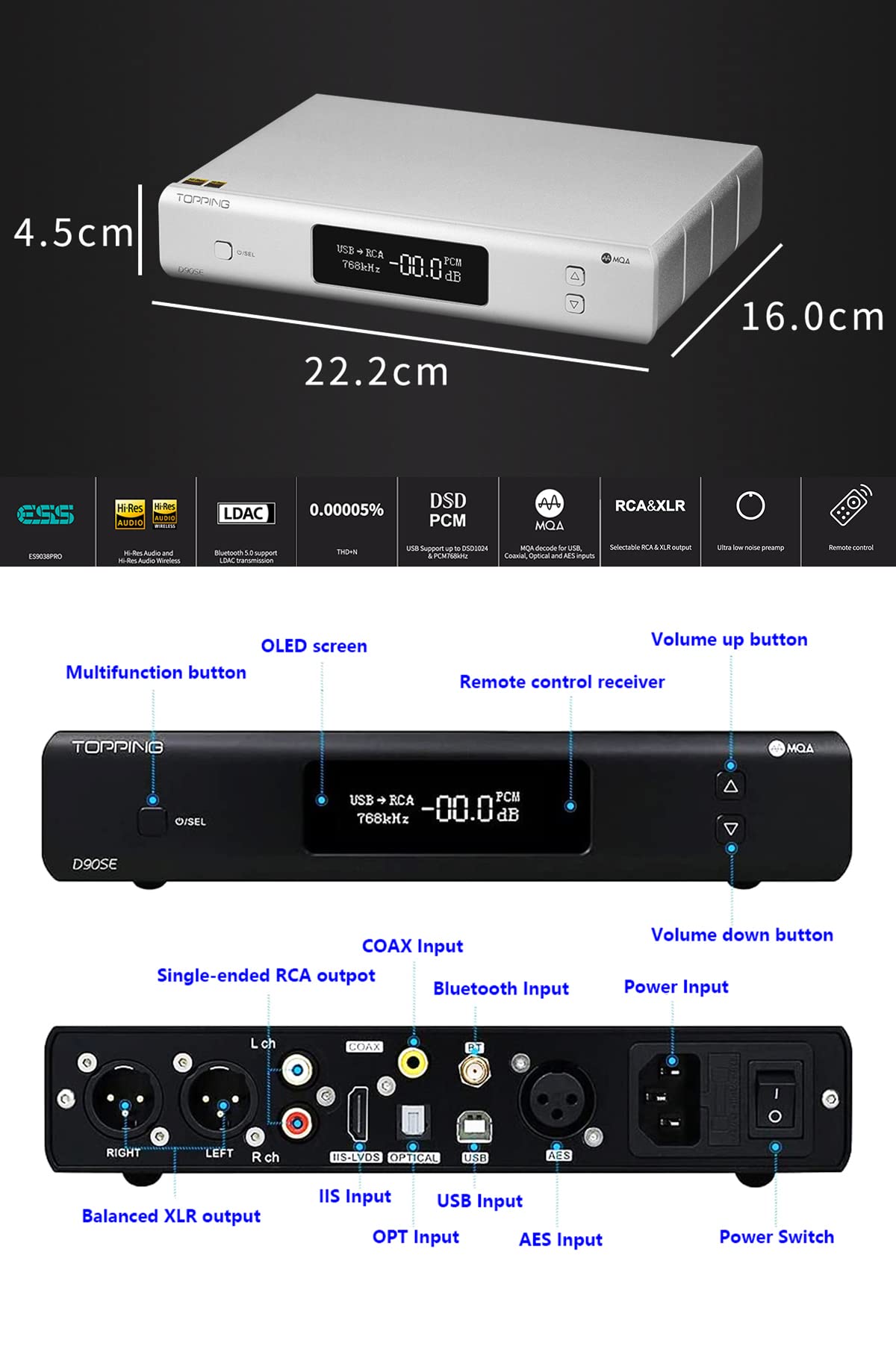 Topping D90SE MQA Full Balance HiFi DAC Bluetooth 5.0 ES9038PRO